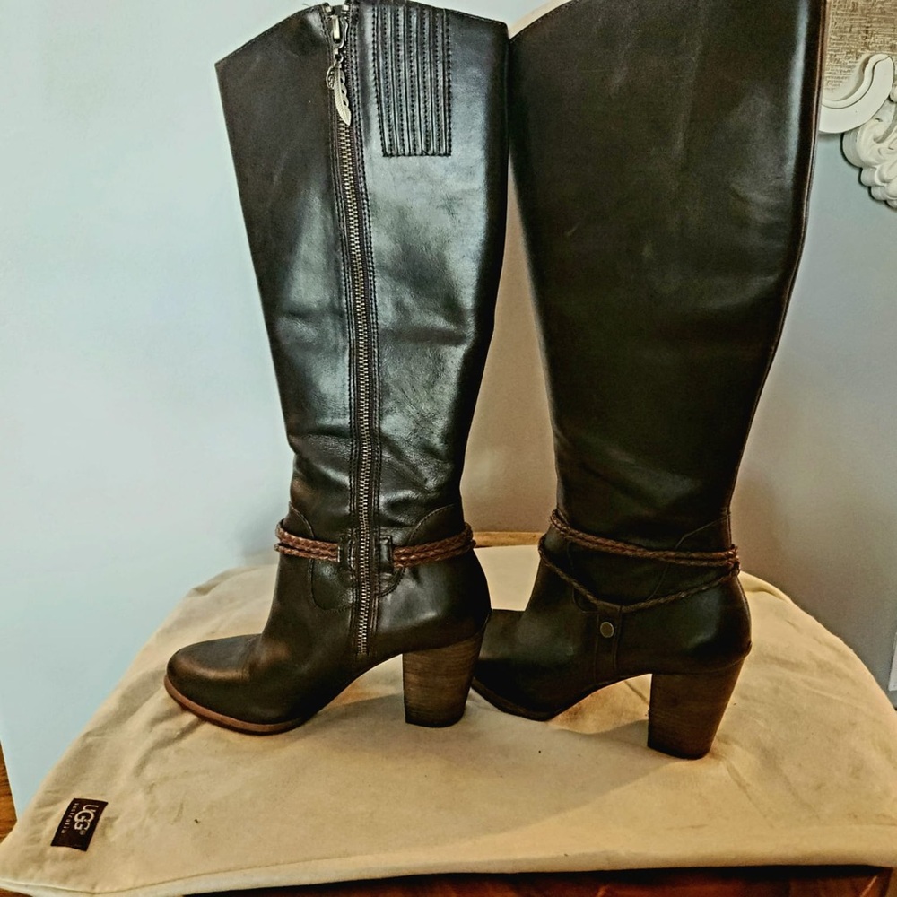 UGG Black Leather Heeled Boots